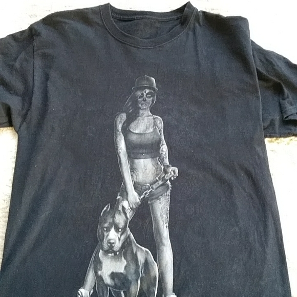 Sugar Skull Tattoo Woman with Pit Bull Short Sleeve T-Shirt Small Unisex - Picture 6 of 13